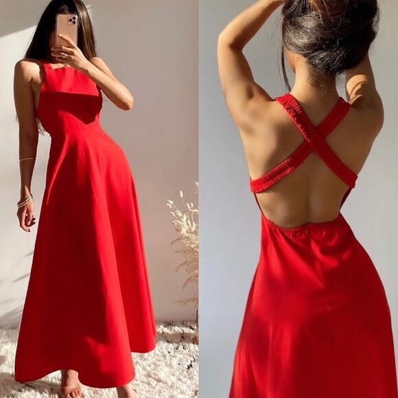 Zara Dresses & Skirts - Zara Red Linen Blend Voluminous Strappy Halter Dress. Blogger fave!🔥